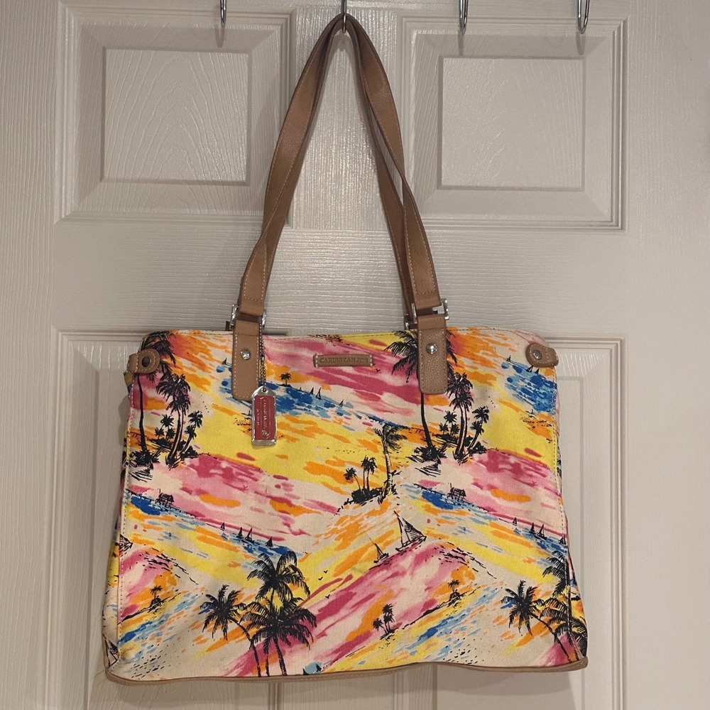 Caribbean Joe Tropical Beach Print Canvas Tote Bag Tan Trim Palm Tree Sunset